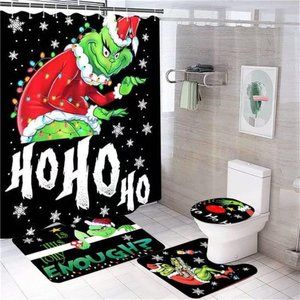 4 Pcs Merry Christmas Bathroom Shower Curtain Christmas Holiday Bathroom Decor